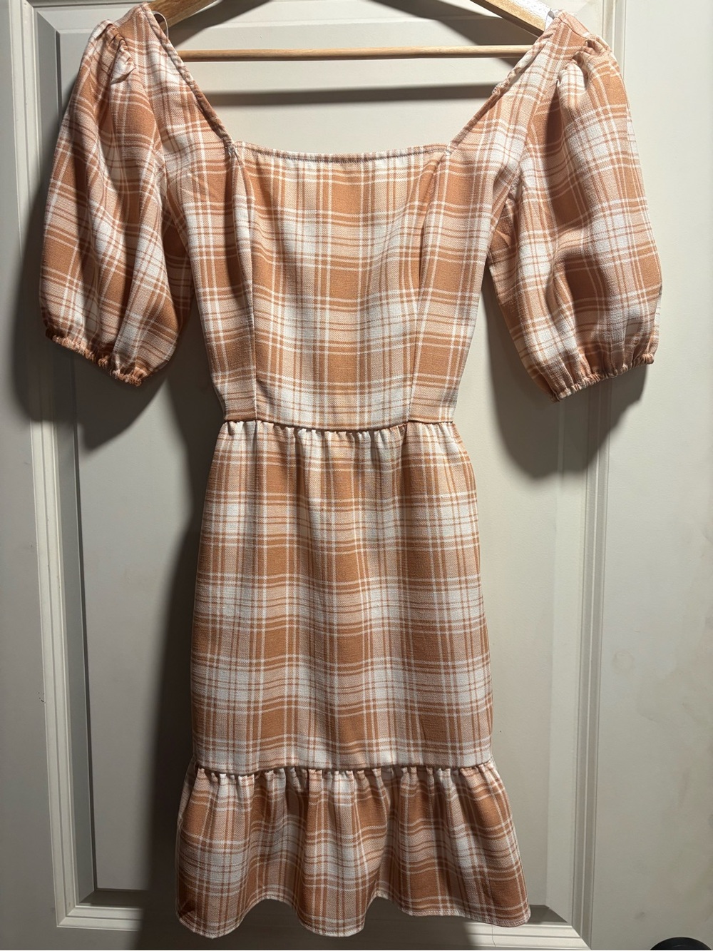 BeBop Peach and White Plaid Puff-Sleeve Midi Dress